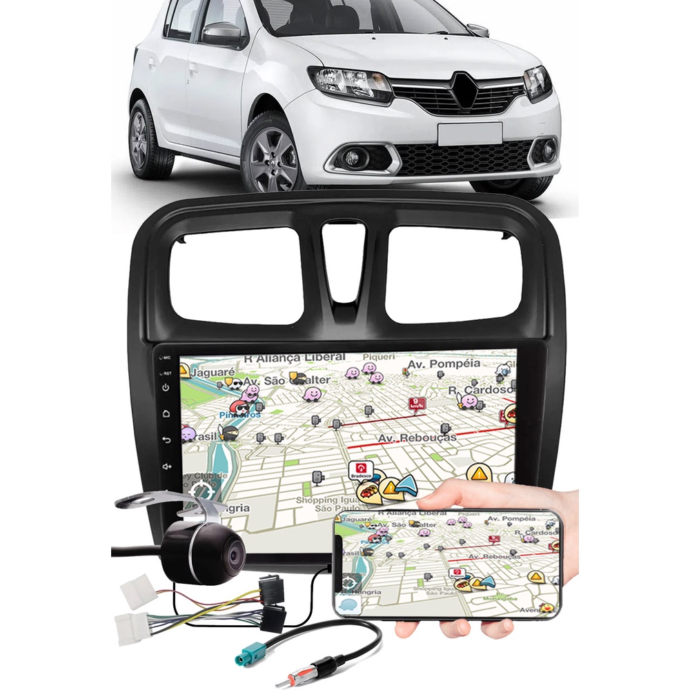Multimídia 9" Polegadas Renault Sandero 2017 à 2021 Espelhamento USB Bluetooth Moldura Painel + Chicotes + Câmera de Ré