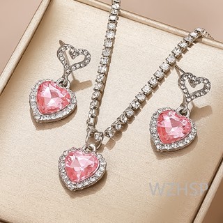 Elegante Conjunto De Jóias De Noiva-Y2K Barbie Colar Rosa E Brincos Com Pingente De Coração De Diamante Cheio