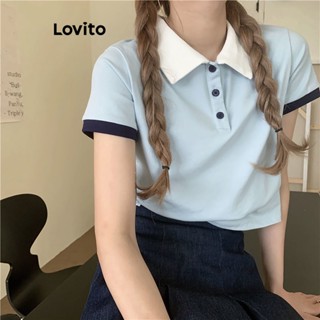 Lovito Camiseta Feminina Casual Com Botão Liso Frontal Colorblock Contrastante LNE33136 (Cinza/Branco/Rosa/Azul)