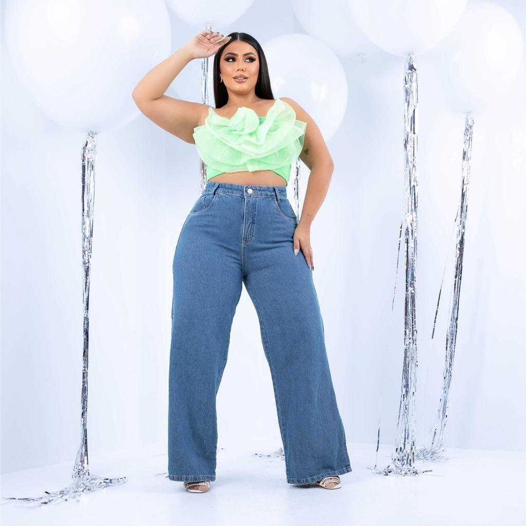 Calça Jeans Wide Leg Plus Size Lisa Fenda Lateral Cintura Alta