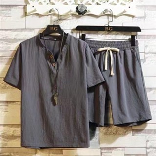 Algodão E Linho Manga Curta shorts Terno Masculino Estilo Camiseta De Pescoço Em V Grande Moda Verão casual Esportivo Conjunto De Duas Peças，Masculino Manga Curta Shorts Roupa Verão Algodão Linho Cor Sólida Traje De Duas Peças A24