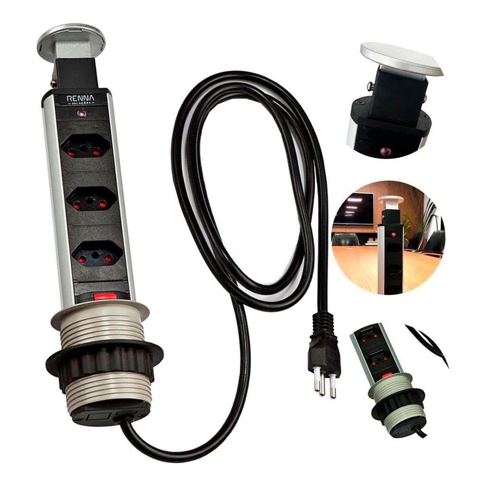 Torre 3 Tomadas Multiplug Retratil Embutir Mesa 10A e 20A  Bivolt Prata Renna