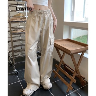 Lovito Casual Calça Feminina Lisa com Bolso e Cordão LNE29229 (Cáqui/Preto)