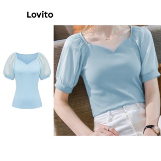 Lovito Casual Camiseta Feminina Lisa com Costura no Tecido L71ED033 (Azul)