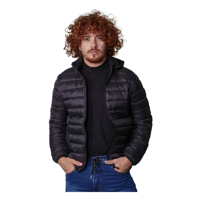 Jaqueta Puffer Bobojaco Masculina Preta Corta Vento Com Capuz e Bolso Impermeavel Gominho