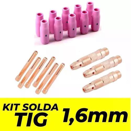 Kit TIG 1,6mm - 5 Bocal Cerâmico TIG Nº 4 / 5 Bocal Cerâmico TIG Nº 5 / 3 Porta Pinça (Difusor) / 6 Pinça