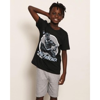Camiseta Infantil Menino Marvel Pantera Nega Manga Curta Gola Careca Preta