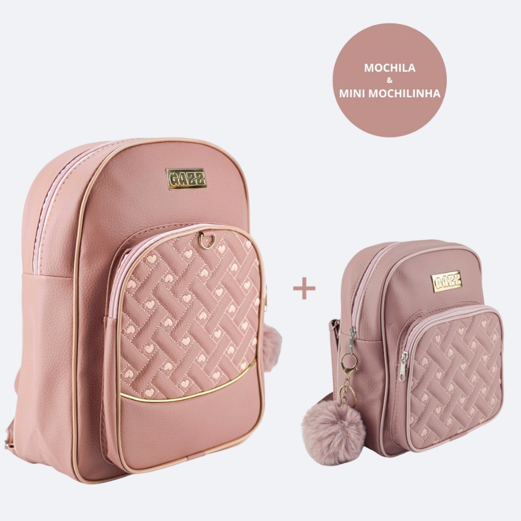 Kit Mochila Feminina De Costas + Mini Mochilinha Bolsa Pequena Moda Rosa Preta
