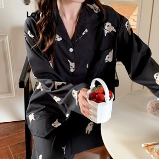 Lovito Casual Conjunto de Pijama Feminino com Estampa de Desenho LNA24148 (Preto)