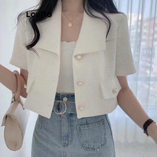 Lovito Blazer Casual De Bolso Falso Com Pérolas Frontais Com Botão Liso Para Mulheres LNA39043 (Branco)
