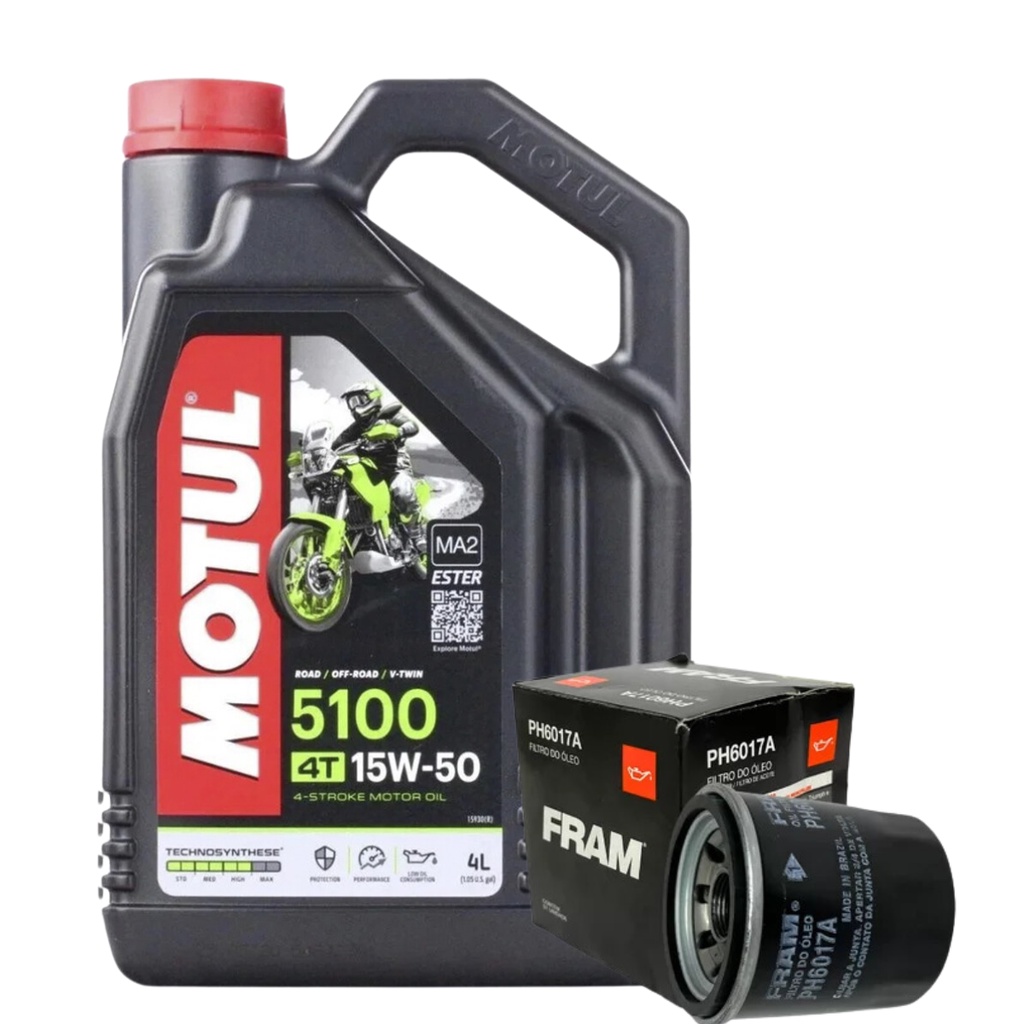 Óleo Motul 5100 4T 15W50 4L Semi-Sintético p/ Super Teneré 1200, Midnight Star 950, Filtro PH6017A
