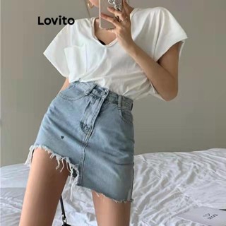 Lovito Saia Jeans Lavada com Barra Desfiada para Mulheres LNA17179 (Azul Claro)