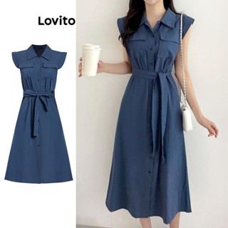 Lovito Casual Vestido Feminino Liso com Cinto Bolso e Botão Frontal L74ED303