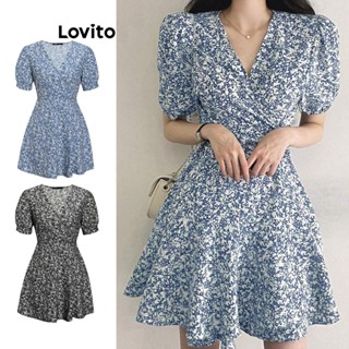Lovito Boho Vestido Feminino Floral Cruzado com Manga Bufante L68ED193 (Multicolorido)