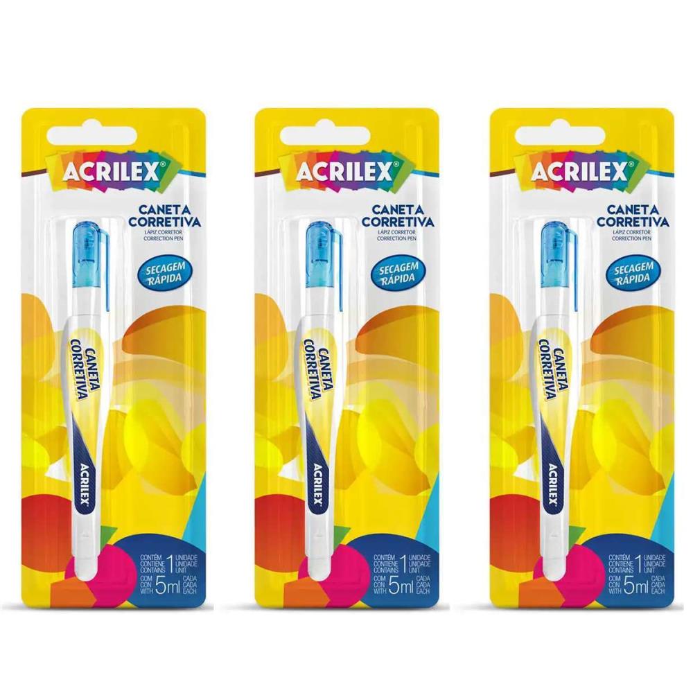 Caneta Corretiva Acrilex Blister 5ml Kit 3 Unidades