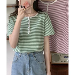 Lovito Camiseta Feminina Casual Com Botão De Contraste Liso E Botão Embelezado LNE38128 (Roxo/Verde/Azul/Preto)