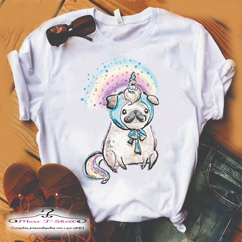 Blusa Camiseta Tshirt feminina Pug unicórnio com Strass Tam P ao G2
