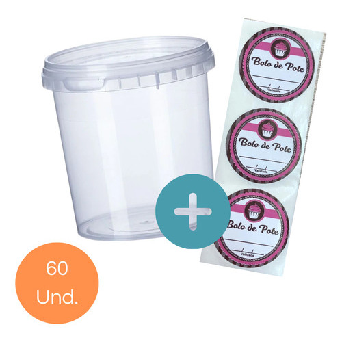 60 Pote Plástico 500ml c/ Etiqueta Adesiva Bolo De Pote Rosa