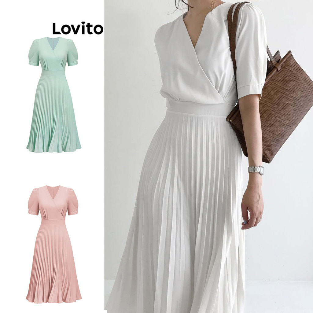 Lovito Vestido Casual Vestido Plissado Liso Para Mulheres L80ED281 (Multicolorido) - Women Clothes
