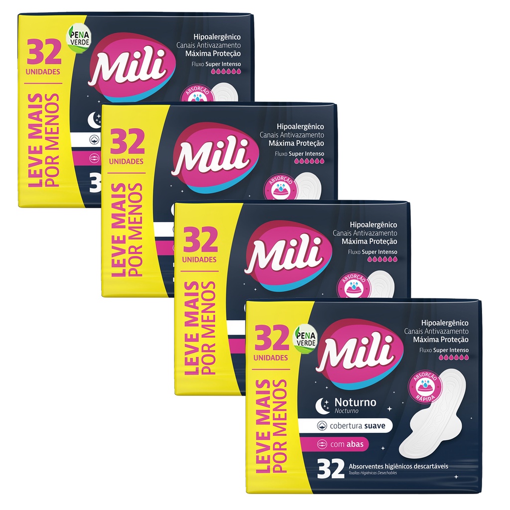 Kit 4 Absorvente Pacote 32 Unidades Noturno Mili Suave Com Abas / Extrato de Algodão - 128 Unidades Total
