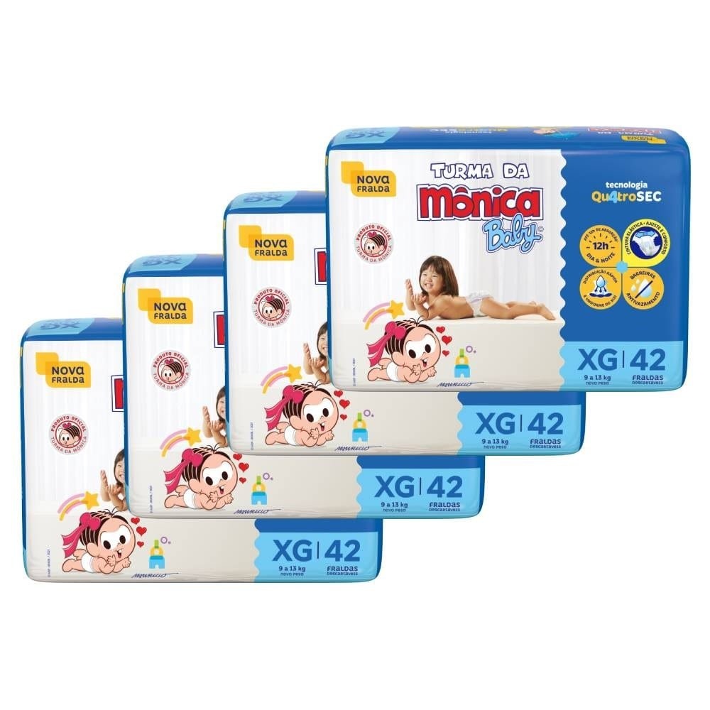 Fralda Descartável Turma da Mônica Tamanho XG - 4 Pacotes com 42 Fraldas - Total 168 Tiras - Mom & Baby