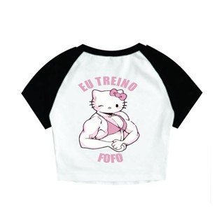 Cropped Raglan Feminino Tumblr blogueira HELLO KIT EU TREINO FOFO feminina curta