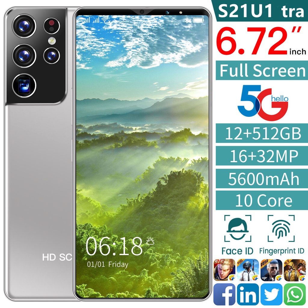 2023 Novo Estilo 22cm s21U+Smartphone S21Ultra Smartphone de tela grande padrão americano Bateria de lítio embutida