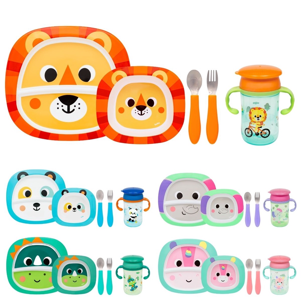 Kit Refeição Infantil 4 Peças Prato com Divisória, Bowl, Kit Talher Inox e Copo 360 Antivazamento 300ml Buba Bubazoo