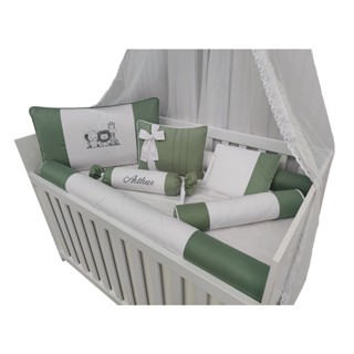 kit protetor para berço safari menino branco e verde oliva