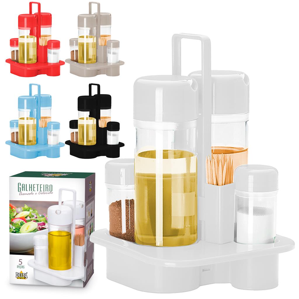 Porta Temperos Galheteiro De Cozinha Com Saleiro Pimenteiro Vinagre Azeite 5 Pecas De Plastico - Delta Util