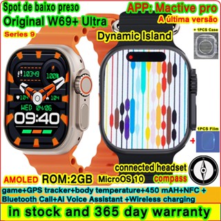 Novo MicroOS W69 + Ultra AMOLED 10 Dynamic Island Smart Watch 2GB ROM Série 9 Plus Bússola NFC Chamada De Música Smartwatch