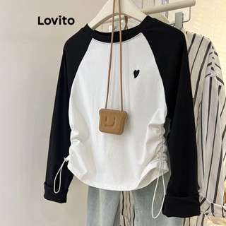 Lovito Casual Camiseta Feminina Lisa com Bordado e Costura no Tecido LNE27144 (Preto e Branco)