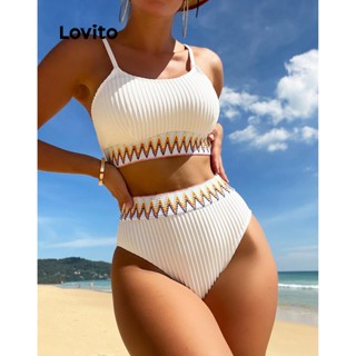 Lovito Conjuntos De Biquíni Com Costura De Tecido Listrado Sexy Para Mulheres LNL36077 (Branco Preto)