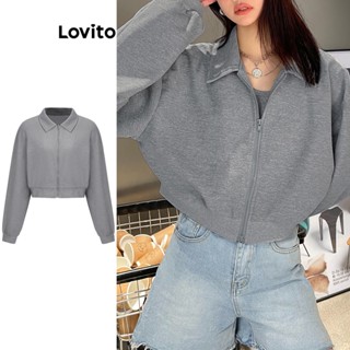 Lovito Casual Moletom Feminino Liso com Zíper L58AD050 (Cinza)