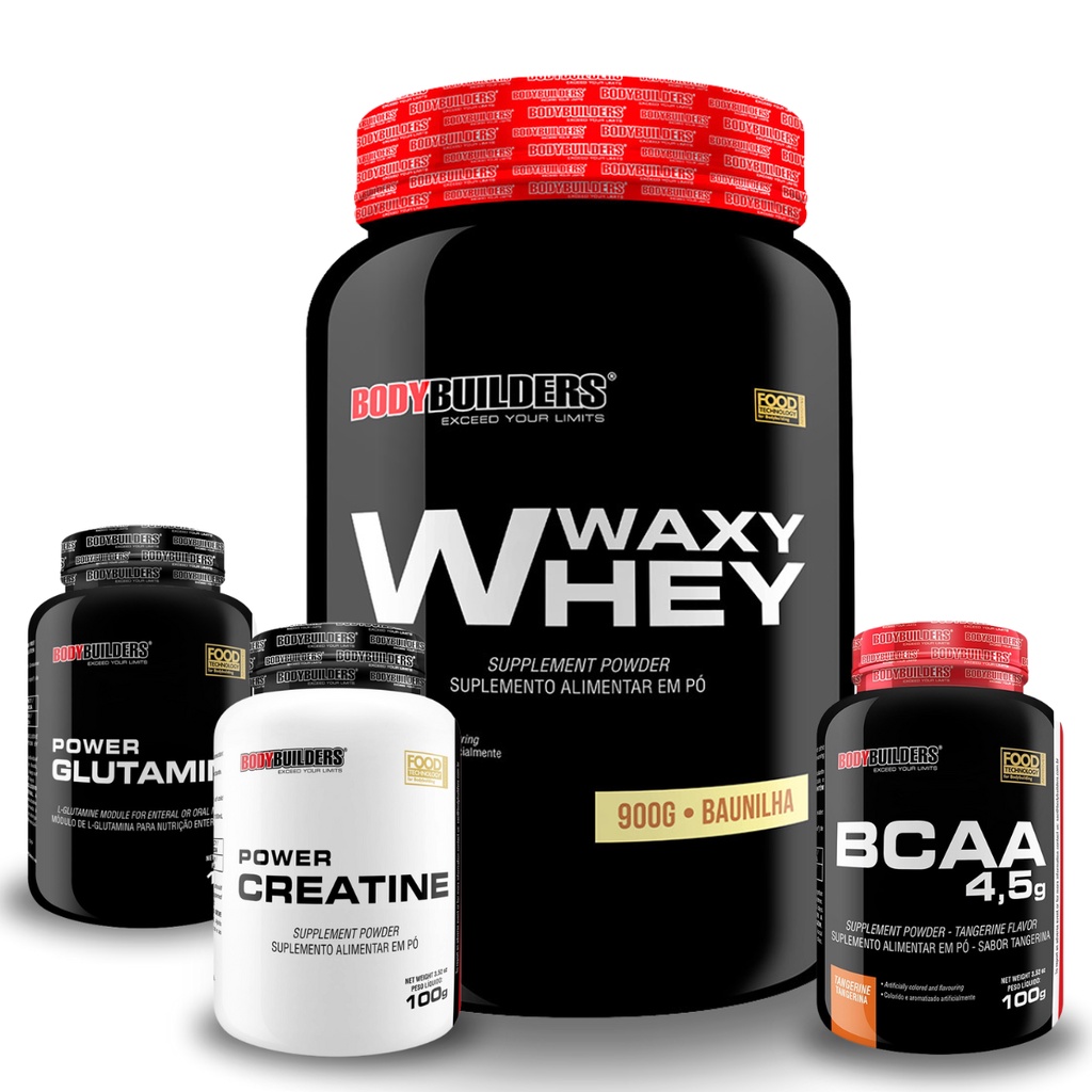 Kit Waxy Whey 900g + Power Glutamina 100g + Power Creatina 100g + BCAA 100g - Bodybuilders Suplementos para Definição e Performance