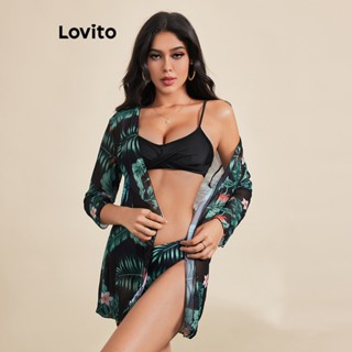 Lovito Conjunto de Biquíni Boho com Estampa Tropical e Laço para Mulheres LBE03053 (Multicolorido)
