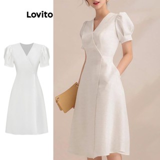 Lovito Casual Liso Vestido Feminino com Linha Estrutural e Amarra L64AD046 (Branca)