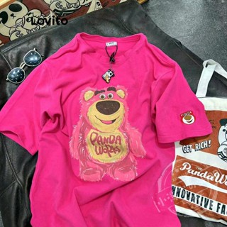 Lovito Casual Camiseta Feminina de Desenho Larga de Manga Curta com Gola Redonda LNE07150 (Rosa Choque)