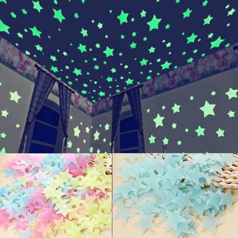 100Ps Kids Quarto De Crianças Fluorescentes No Escuro Autocolantes De Parede Estrelas Luminosos Decoração De Teto Colorido