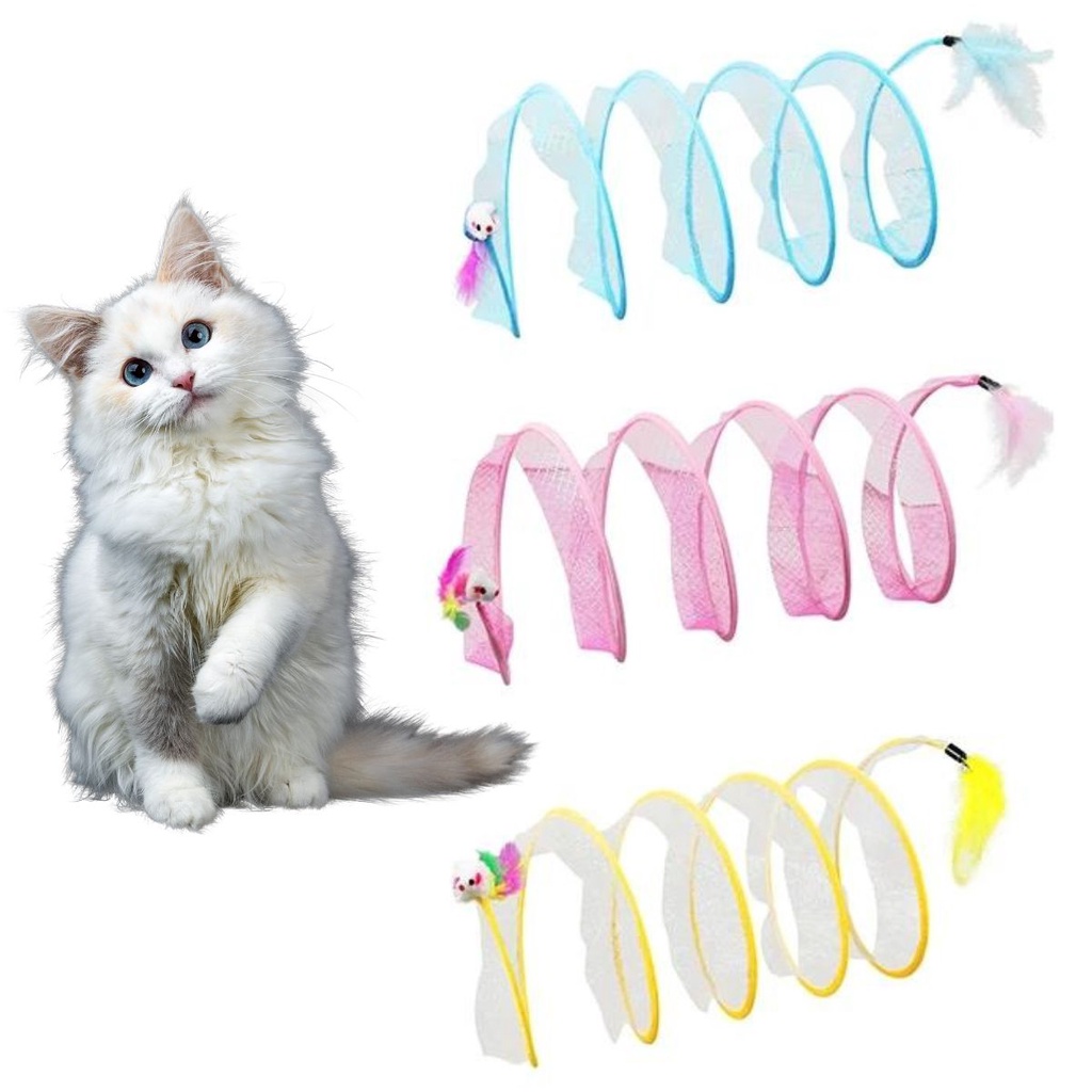 Túnel Espiral Mola para Gato Pet Brinquedo Interativo com Ratinho Rato Pena Gatificação