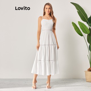 Lovito Vestido Boho com Detalhes de Tecido e Botões Frontais para Mulheres LBL06103 (Branco)