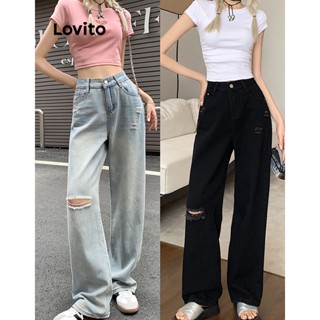 Lovito Jeans Básico com Bolsos Rasgados Lavados para Mulheres L74ED009 (Azul/Preto)