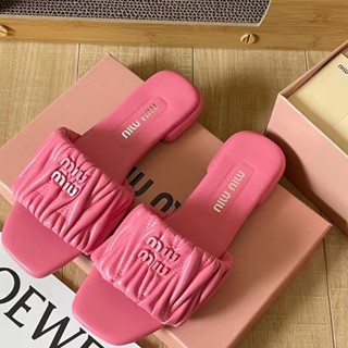 MIU-Candy Color One Slippers Feminino Exterior Vestir Sandálias Planas De Praia Casuais De Cabeça Quadrada