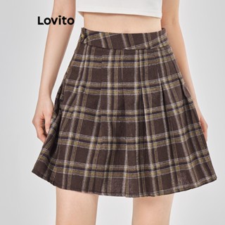 Lovito Casual Saia Feminina Gingham Plissada com Botão e Zíper L68ED215 (Multicor)