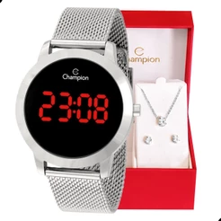 Relógio Digital Prata Feminino Champion Original + Conjunto Colar e Brincos CH40106T Relógio Digital Feminino