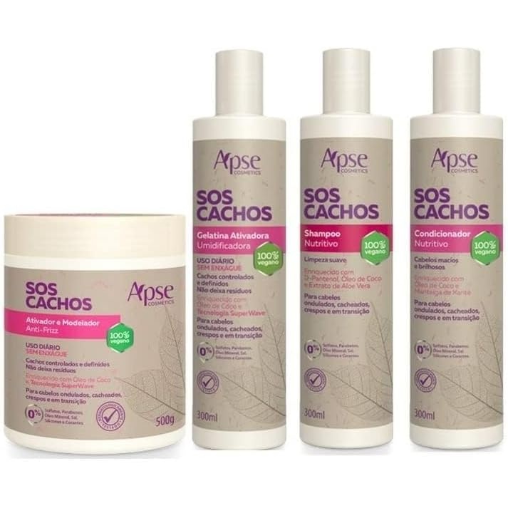 KIT Apse Cachos Shampoo e Condicionador e Gelatina 300ml e Ativador 500g
