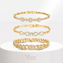 Vnox Cubic Zirconia Pulseira De Corrente De Clip De Papel Cubano Para Mulheres , 18k Casamento Com Contas De Ouro Brilhante Infinito