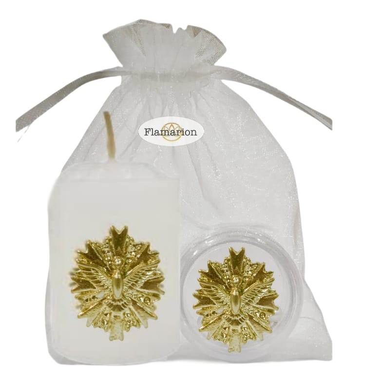 Kit Vela + Porta Terço Lembrancinha Divino Espírito Santo