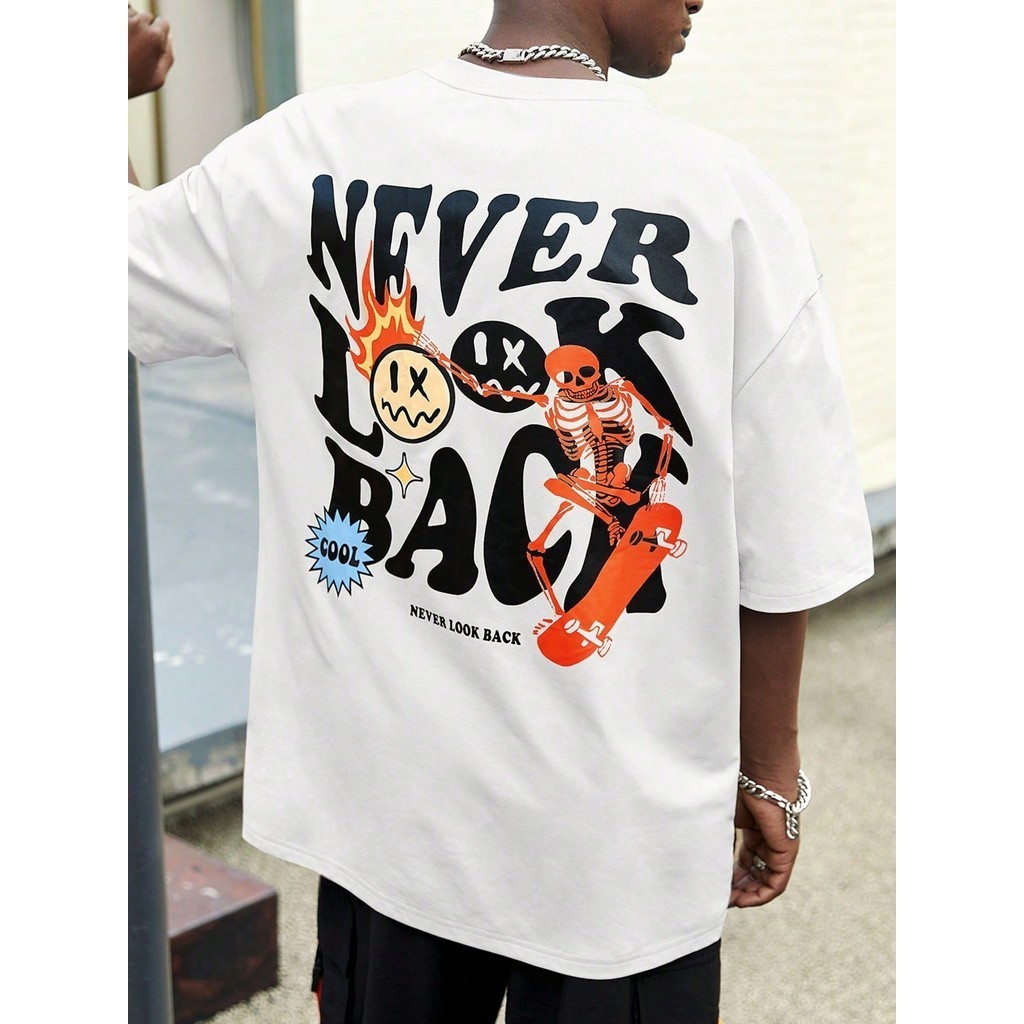 Blusa Camiseta Casual Masculina Never Look Back Emoji Streetwear Esqueleto Estilo Urbano
