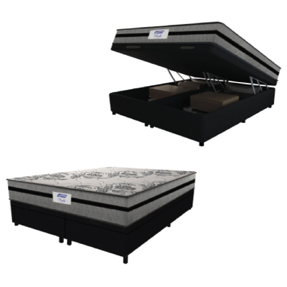 Cama Box Baú Casal Queen Colchão Gazin Com Molas Ensacadas Rubi 158x198x73cm Suede Preto/Cinza - Home & Living